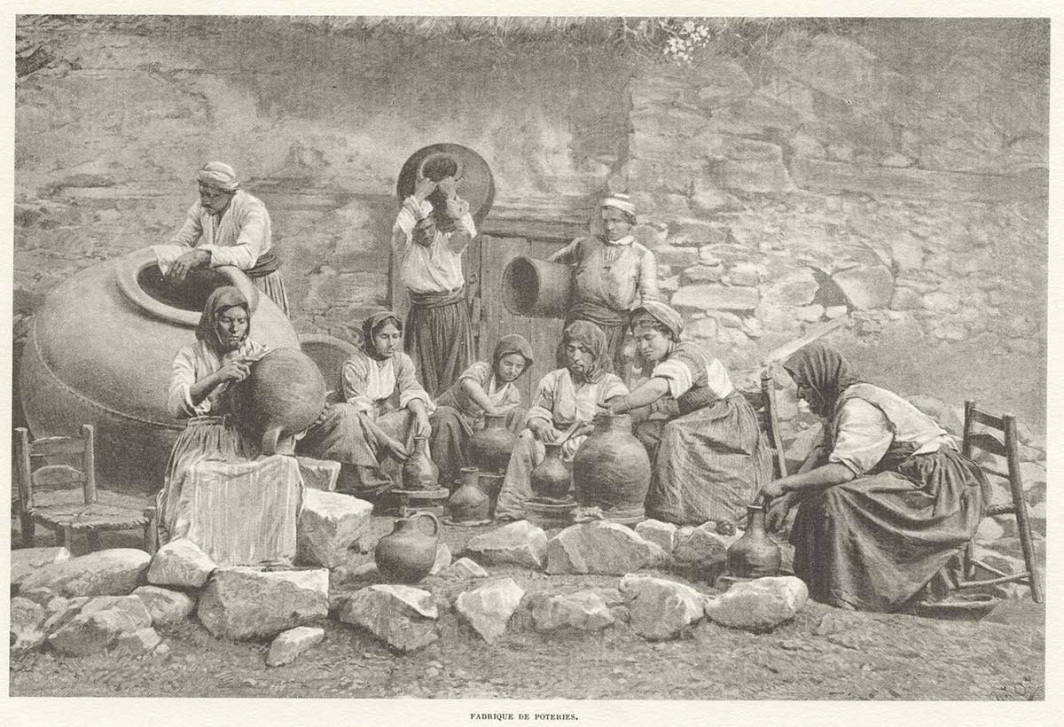 Γυναίκες και άντρες αγγειοπλάστες στο Φοίνι της Κύπρου. (Κάρτ Ποστάλ)